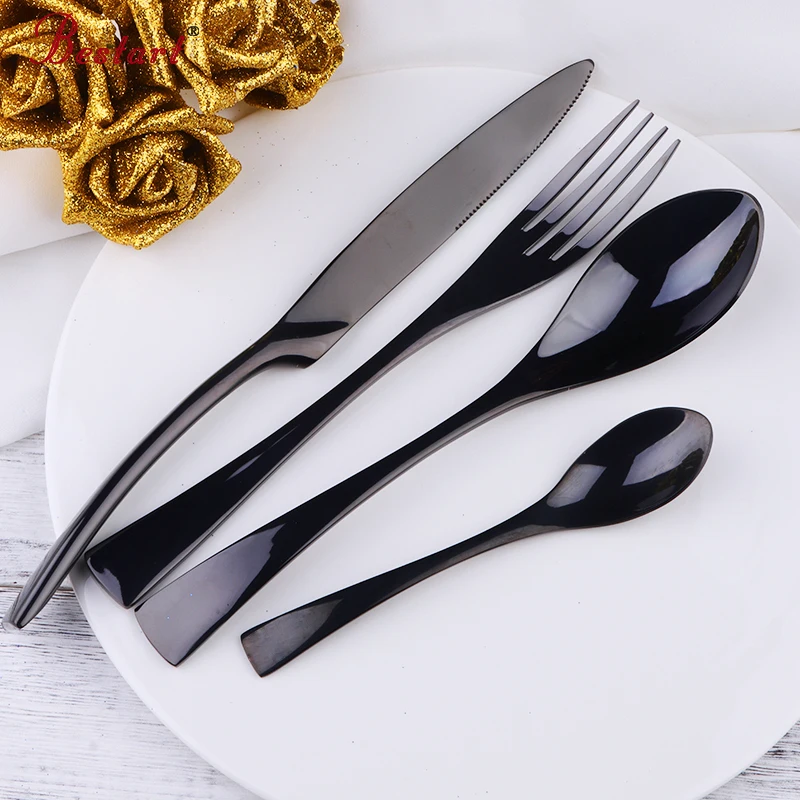 

4pcs Home Black Stainless Steel Cutlery Set Mirror Polishing Steak Knife Table Fork Teaspoons Tableware Dinnerware Set