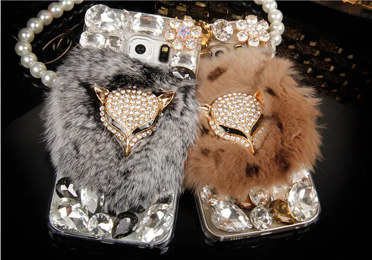 Real Rabbit Fur Fox Head Rhinestone Bling Diamond Case for Samsung Galaxy S7 S7 Edge Rhinestone