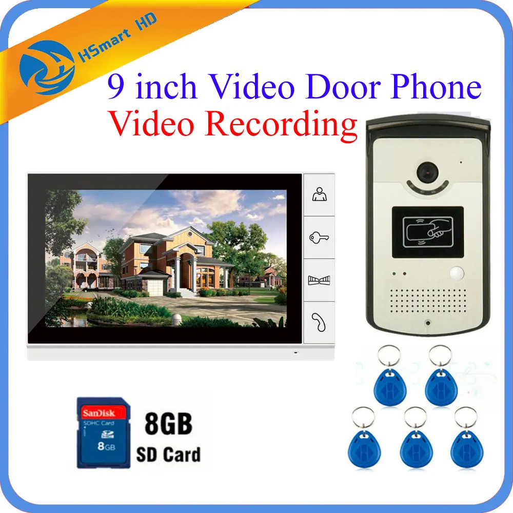 

9 inch Color Video Door Phone Intercom Doorbell System 16GB Card Video Recording+1 Monitor+RFID Access Waterproof HD IR Camera