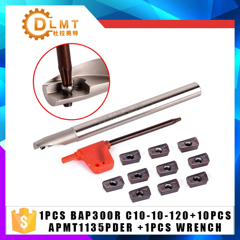 

10pcs APMT1135PDER Carbide Inserts+1PCS BAP300R C10-10-120 Lathe Turning Tool holder CNC Milling Cutter + 1PCS wrench+