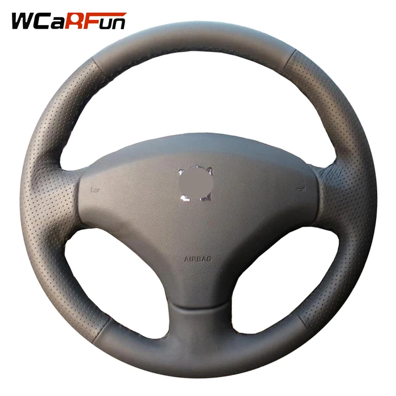 WCaRFun Hand stitched Black Leather Steering Wheel Cover for Peugeot
