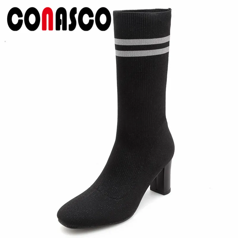 

CONASCO 2019 Women Mid-calf Boots High Heels Autumn Winter Warm Women Boots Lady High Plush Stretch Fashion Socks Boots