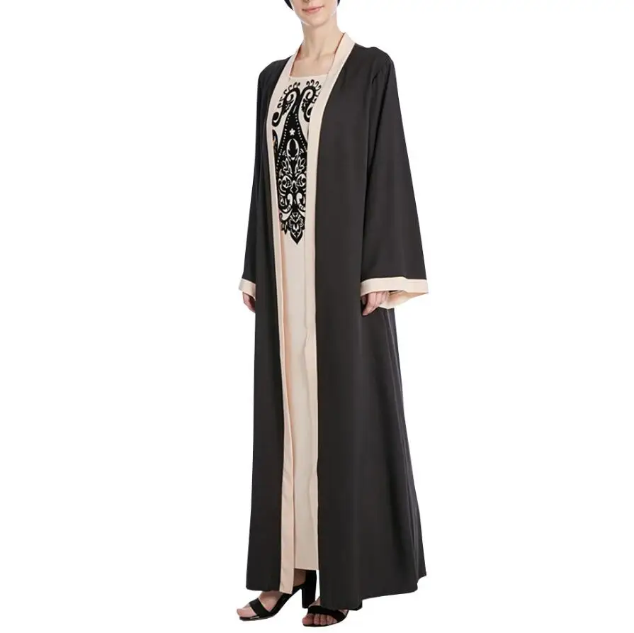2018 Новая мода для взрослых женщин поддельные Двойка Дубай Абаи кардиган печати мусульманин Платья для женщин мягкий Халат Макси платье a686