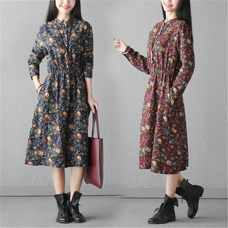 New 4XL Spring Autumn Cotton Linen Print Dresses women long Sleeve ...