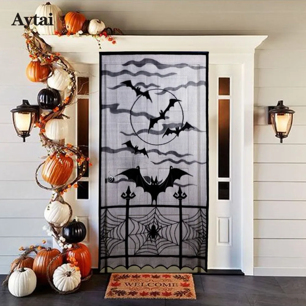 Aytai 2pcs Halloween Lace curtain door panel Halloween black window