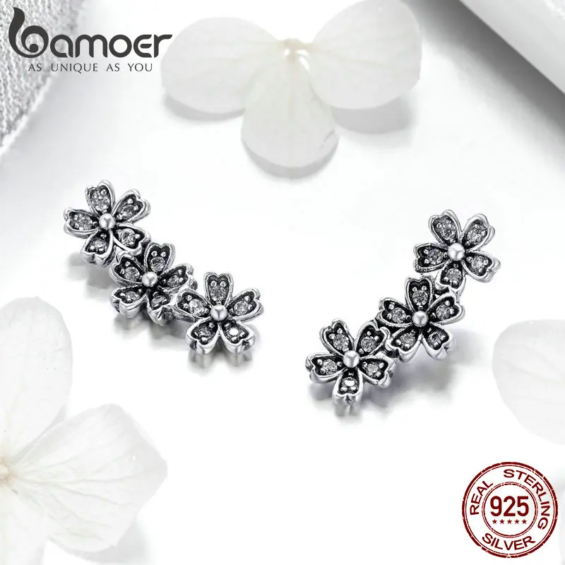 BAMOER 925 Sterling Silver Daisy Flower Clear CZ Stud Earrings for Women Sterling Silver Jewelry Valentine's Day Gift SCE419