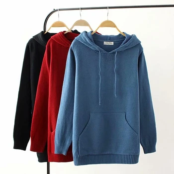 

Plus Size Women Pullover Sweater Hooded Jumpers Long Sleeve Pocket Solid Loose Casual Thicken Autumn Sweater YY8563