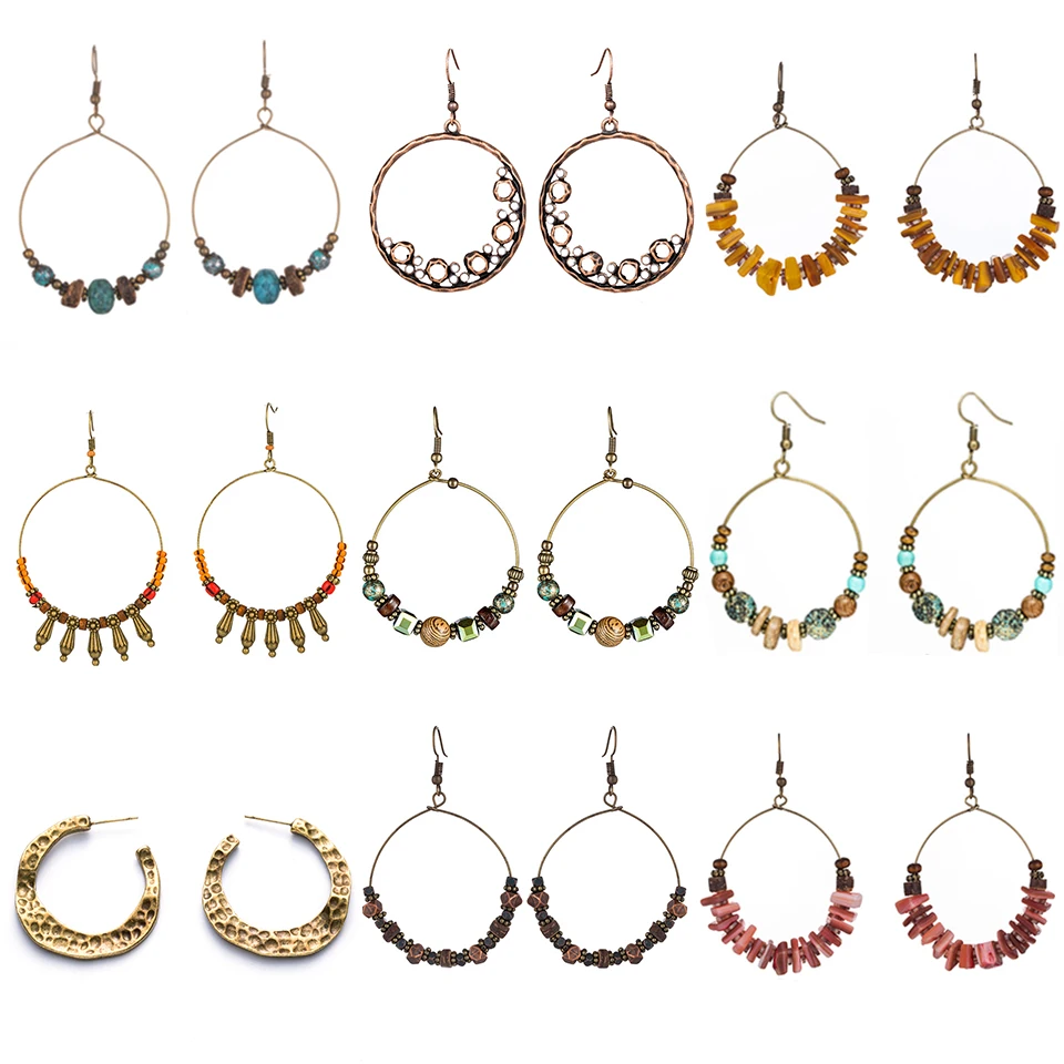 

New vintage jewelry earring Antique big round circle golden drop earrings for women gifts Crystal shells wooden beads earings