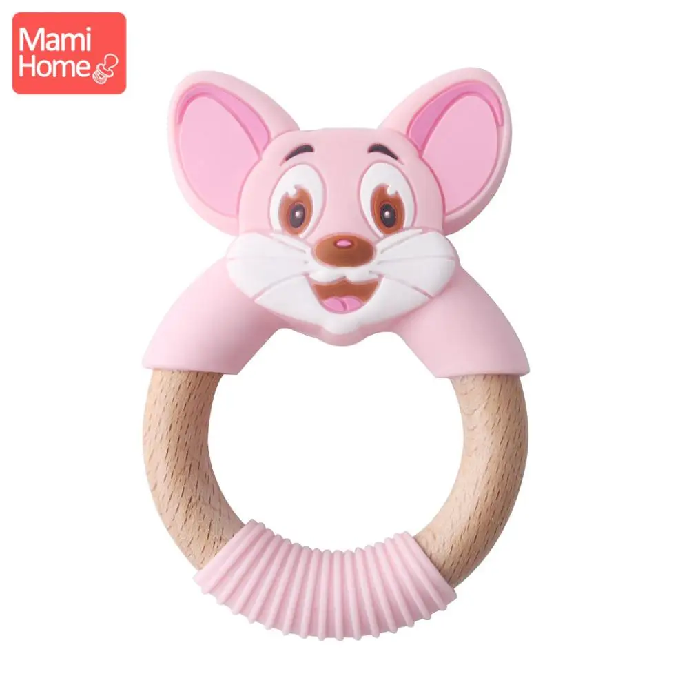 Mamihome Baby Wooden Teether Animal Ring Silicone Rodent Beech Wooden Blank Rabbit Ears baby products Toys Pacifier Pendant Gift - Цвет: Pink Mouse Ring