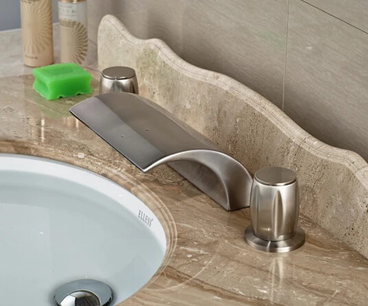 Brief Bathroom Deck Mounted Basin Faucet Nickel Brushed Sink Mixer Tap Dual Handles Basin Mixer Brief Bathroom Deck Mounted Basin Faucet Nickel Brushed Sink Mixer Tap Dual Handles Basin Mixer
