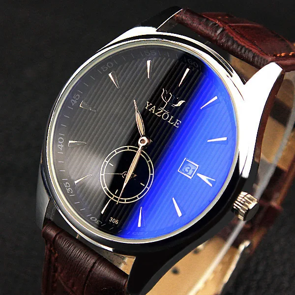 Кварцевые часы от yazole с подсветкой, модные кожаные мужские наручные часы с автоматическим календарем, деловые повседневные часы, водонепроницаемость 30 м