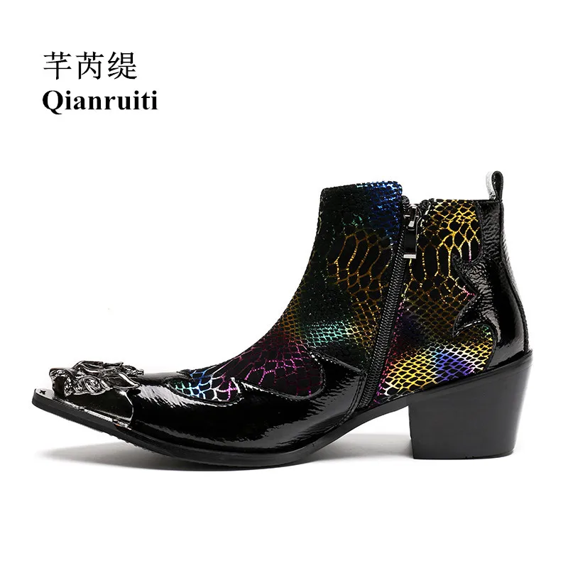 

Qianruiti Handmade Men's Ankle Boots Med-heeled Boots Patent Leather Floral Printing Metal Toe Short Boots Male Boots