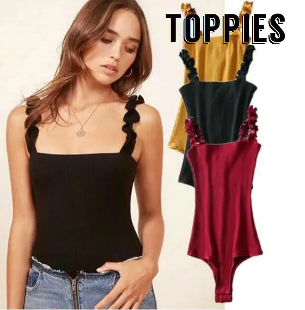 

Toppies Women Solid Color Bodysuits Ruffles Strap Jumpsuits Knitted One-piece Sexy Bodysuit