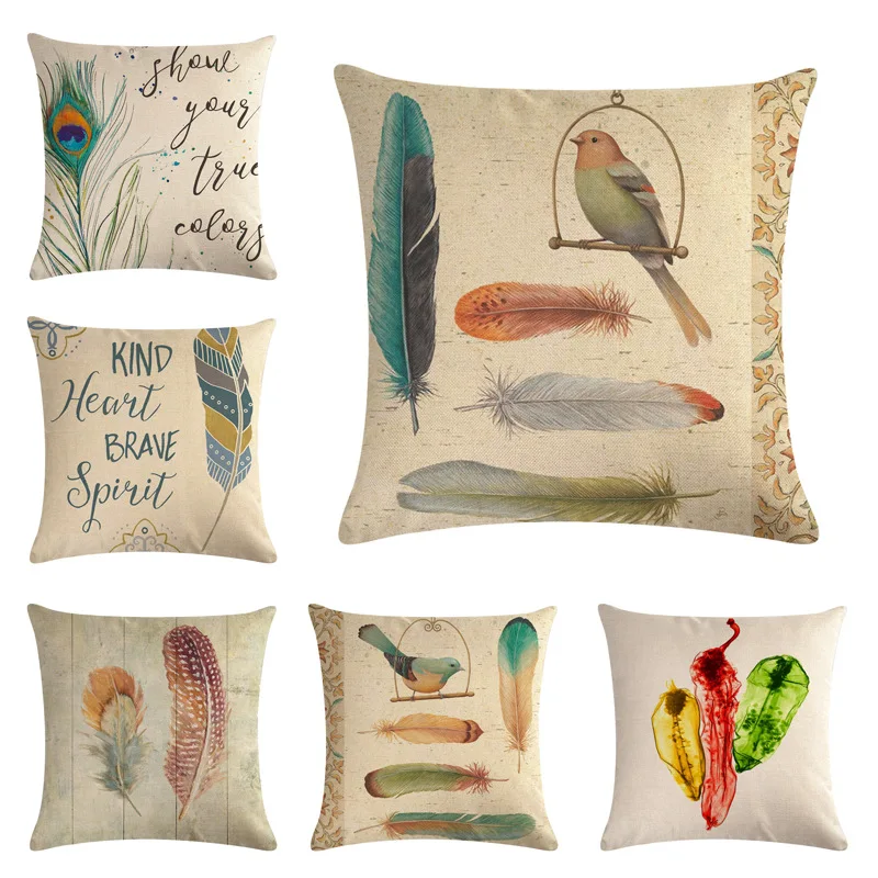 

Hand-painted Feather Series Flax Pillowcase Sofa And Car Cushion Sleeve Home Decor