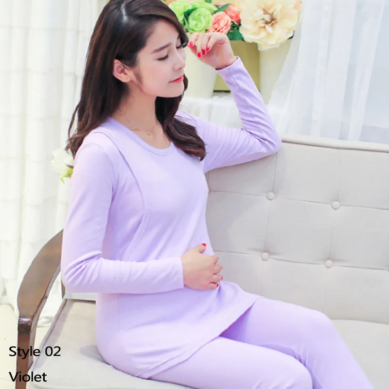 Одежда для грудного вскармливания топы и штаны с длинными рукавами, хлопковая однотонная Одежда для беременных осенне-зимняя одежда для беременных - Цвет: Style02-Violet