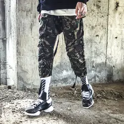 Для мужчин высокого уличный стиль камуфляж черный Повседневные штаны мужской хип-хоп Стиль свободные шаровары Jogger Треники