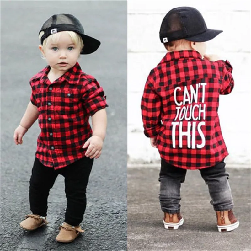 

New Casual Kids Baby Boy Plaid Letters Shirt Tops Long Sleeve Children Blouse Kids Shirts For Boys Clothes