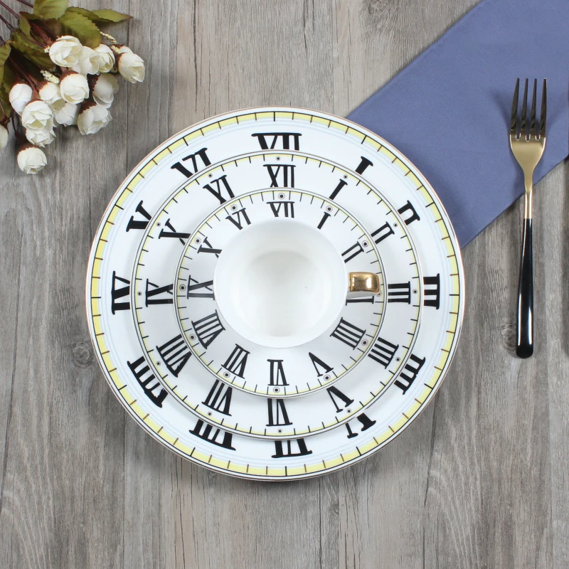 Керамическая тарелка с чашкой и блюдцем, набор посуды из костяного фарфора, ужин для стейка, Ретро стиль, часы, дизайн с золотым краем, блюда 10 дюймов
