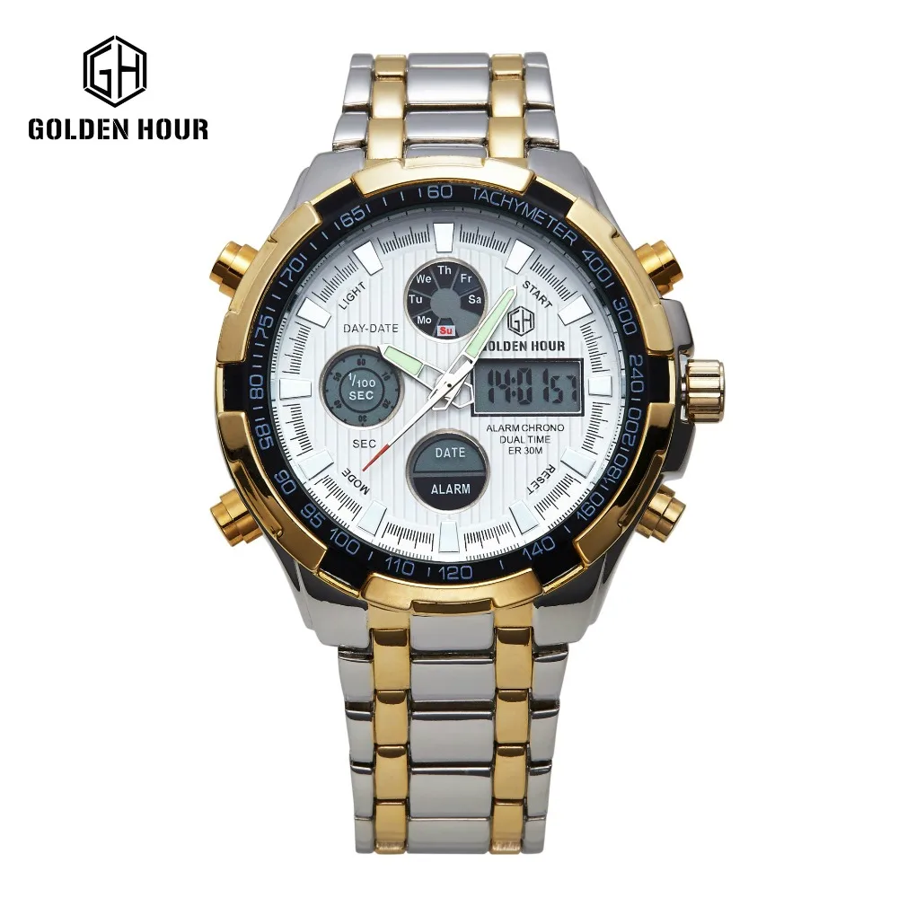 

2017 Fashion Watches Men Luxury Brand Gold Silver GOLDENHOUR Watches Men Sports Quartz-watch Dual Time Relogio Masculino