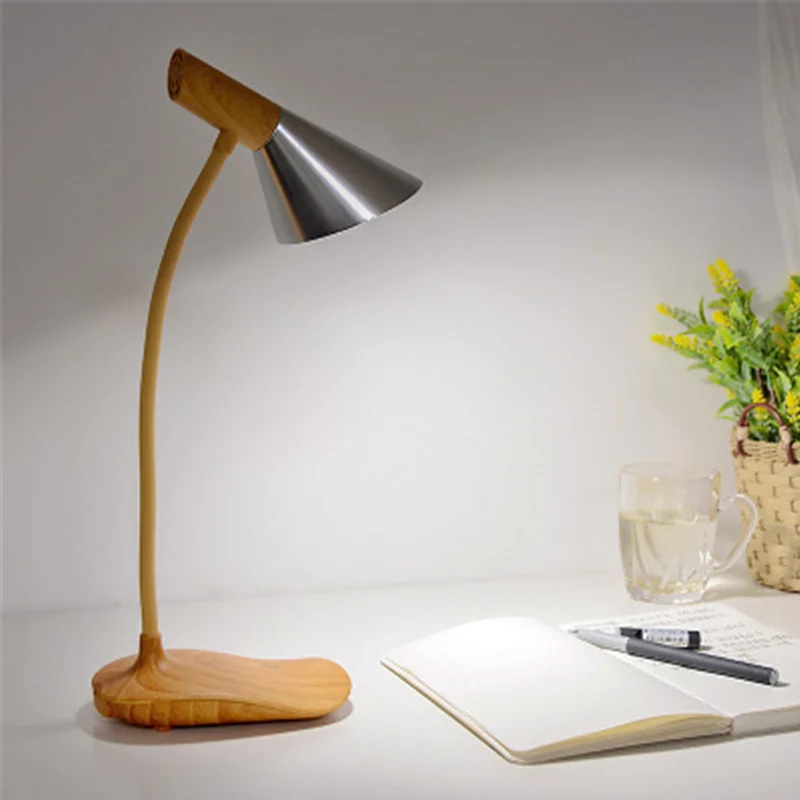 

Touch creative table lamp imitation wood grain led bedroom bedside student eye protection USB night light 3 levels dimmer