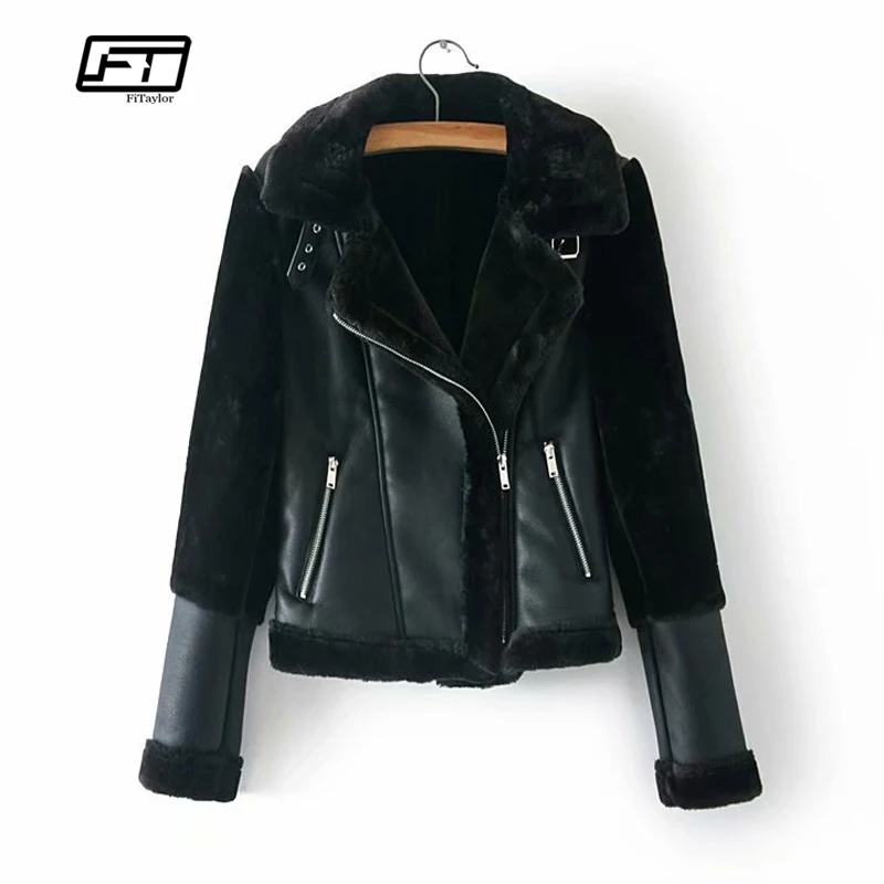 

Fitaylor Winter Women Faux Lamb Leather Jacket Warm Thick Black Punk Faux Leather Lambs Wool Fur Collar Female Suede Jacket Coat