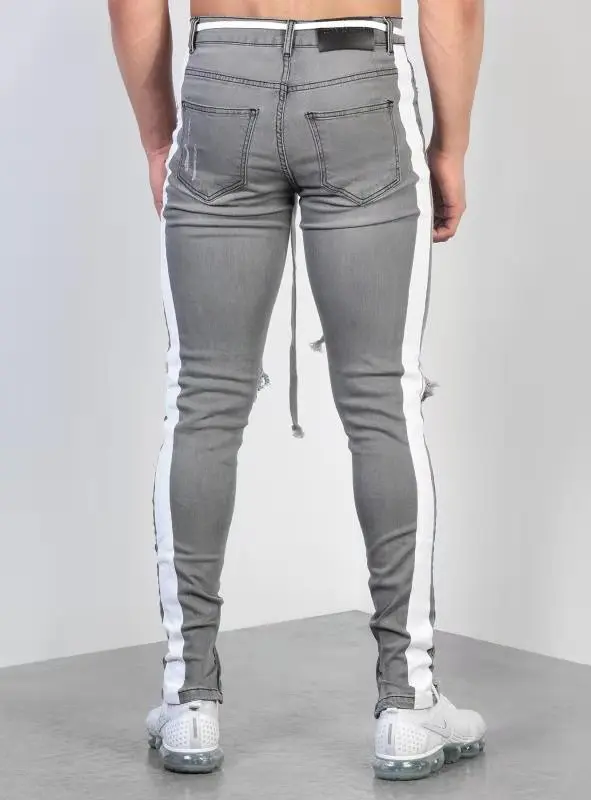 Новые модные уличные мужские джинсы серого цвета обтягивающие мужские рваные джинсы с боковой окантовкой Homme хип хоп джинсовые брюки