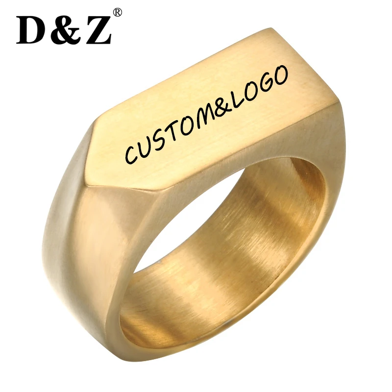 

Pinky Gold Geometric Custom Ring Men Titanium Stainless Steel Personalized Logo Words Square Finger Signet Rings for Men Jewelry