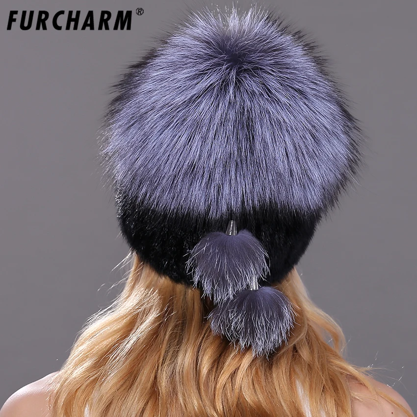 Женская Зимняя Вязаная Шапка бини с помпоном из лисьего меха|pom pom hat|pom hatsmink fur hats |