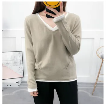 

spring and autumn new cashmere sweater female fashion Color matching V-neck knit wool sweater short soft shirt
