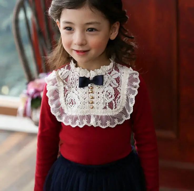 

2016 Autumn Winter Thicken Lace Collar Children Fleece T Shirt  Kids Thickening UnderShirt  Girls Pullovers  Tops With Velvet