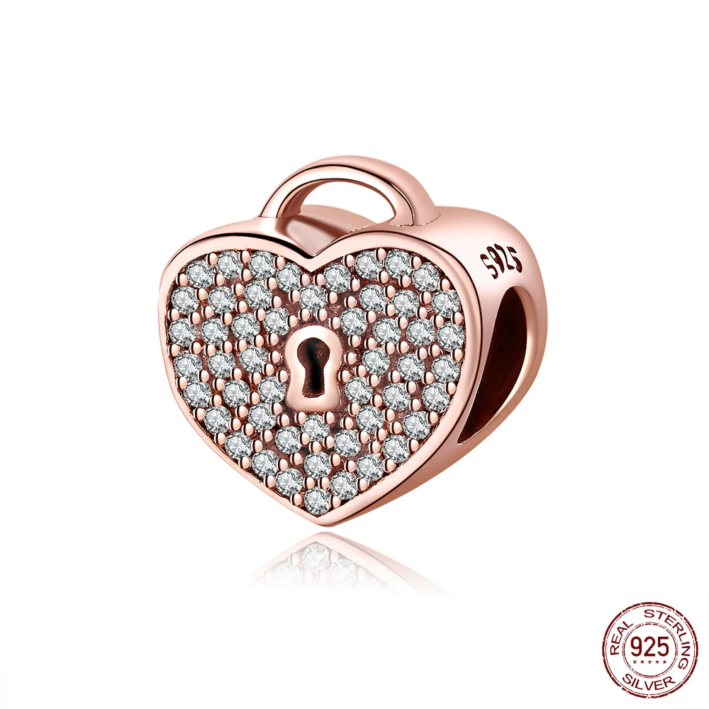 

925 Sterling Silver Bead Heart Love Lock Rose Plated Crystal Beads for Pandora Charms Bracelet & Bangle Jewelry PCY029