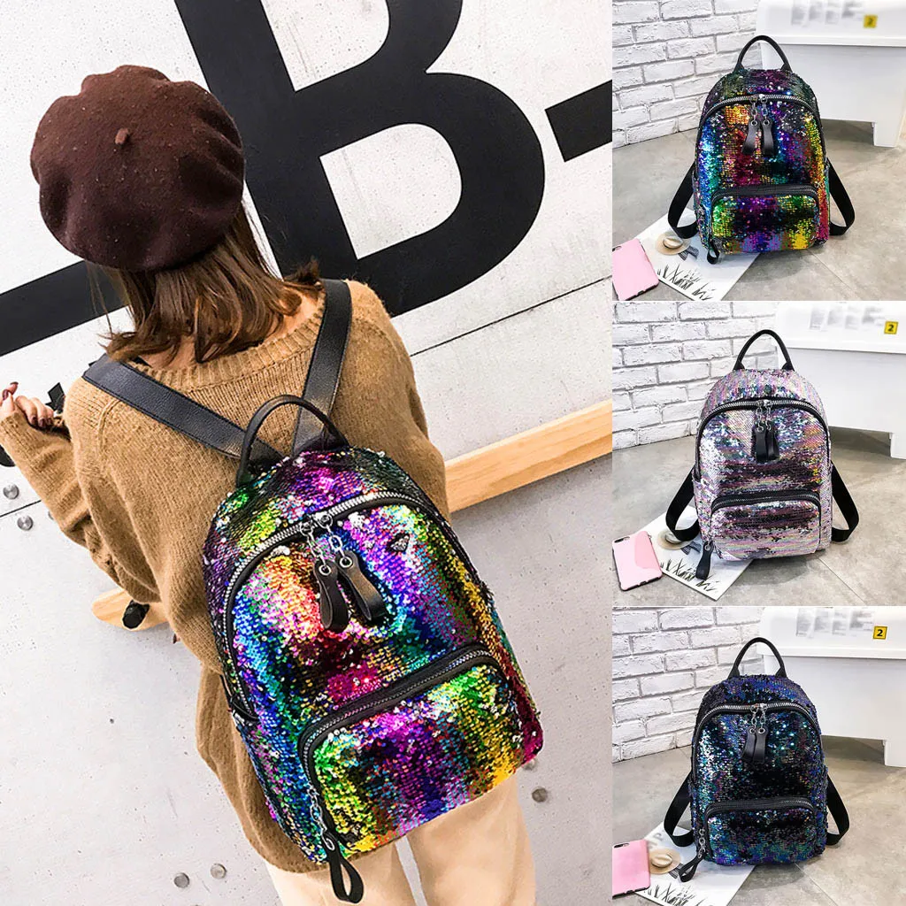 Женский рюкзак из искусственной кожи с панелями на молнии, с пайетками, хит цвета, школьная сумка, Студенческая сумка-ранец, дорожная сумка