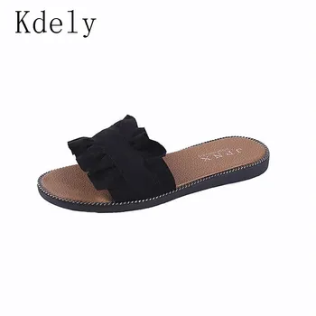 

Summer Hot Sale Women Flip Flops Fashion Solid Color Flounce Flat Heel Sandals Outdoor Slipper Beach Shoes For Female Size 35-40