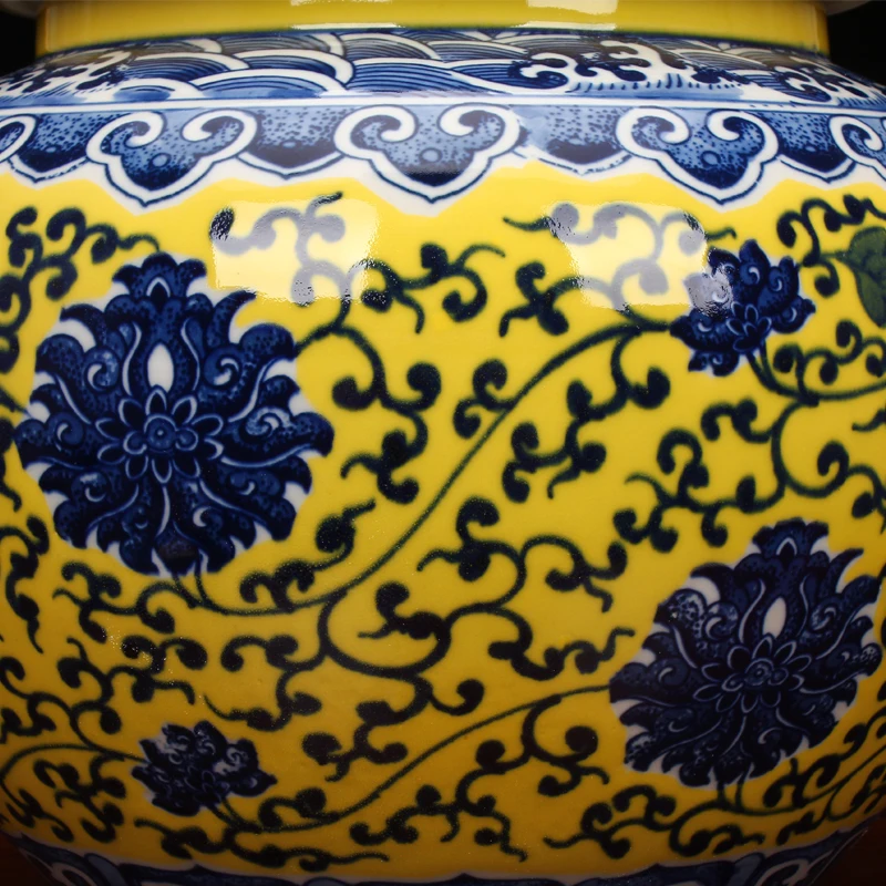 Jingdezhen Античная желтая глазурь сине белая большая банка для хранения китайская