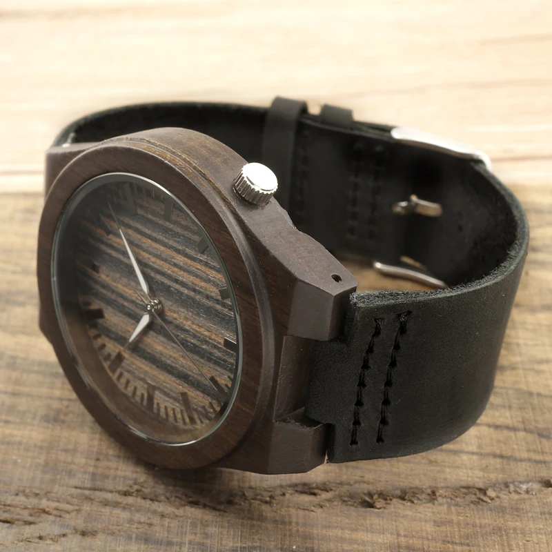 BOBO BIRD 100% Natural Ebony Wooden Bamboo Watches With Real Leather Casual Watches for Man In Gift Box