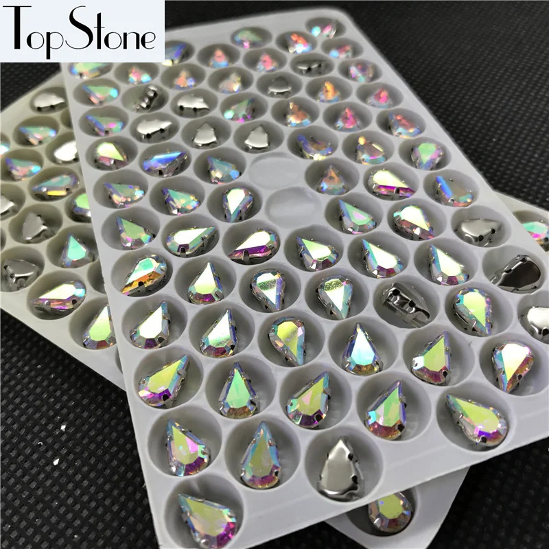 Topstone 6x10mm 8x13mm Crystal AB Teardrop Glass Fancy stone With Metal Claw setting for sewing on dress jewelry making | Украшения и