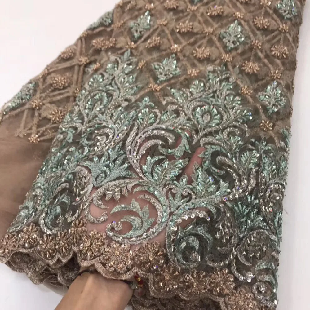 

Handmade embroidered tulle fabric Luxury heavy french net lace Nigerian beaded lace fabric for party dress