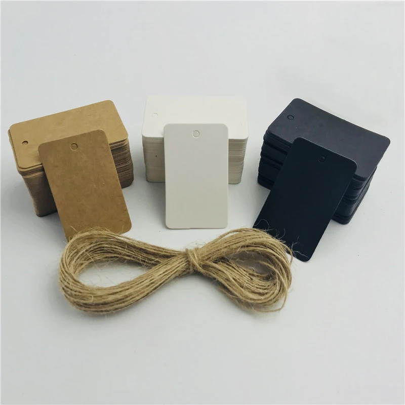 

100pcs/lot White Black Brown Kraft Paper Tags DIY Square Labels Luggage Wedding Note Blank Price Hang Tag 10m String 5*3cm
