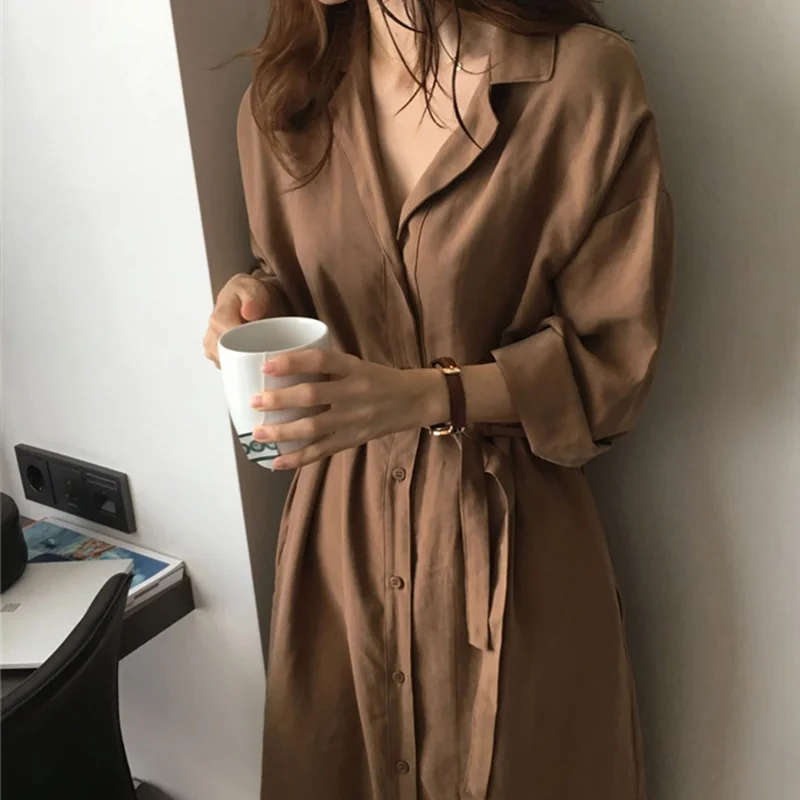 

Korea Chic Loose Shirt Dress Sashes Long Sleeve Tunic Casual Loose Pocket Female Outwear 2019 Spring Fashion Women's Dresses