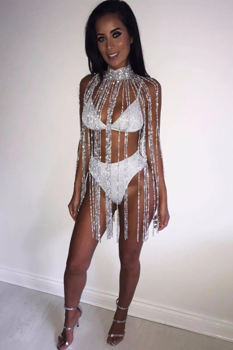 Women Sexy Rhinestone Nightclub Mini Dress Choker Halter Gold Silver Tassel Diamond Chain See Through Hollow Out Mini Dress