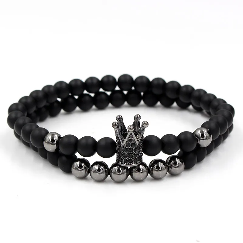 

2pcs/set couples Bracelet sets men women Jewelry Fashion CZ crown 6mm black matte Stone Beads Bracelets For loves pulseras Gifts