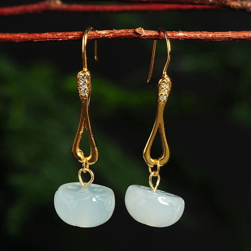 

2019 new Myanmar A goods 925 silver buckle ice white jade emerald lotus earrings female models with certificate