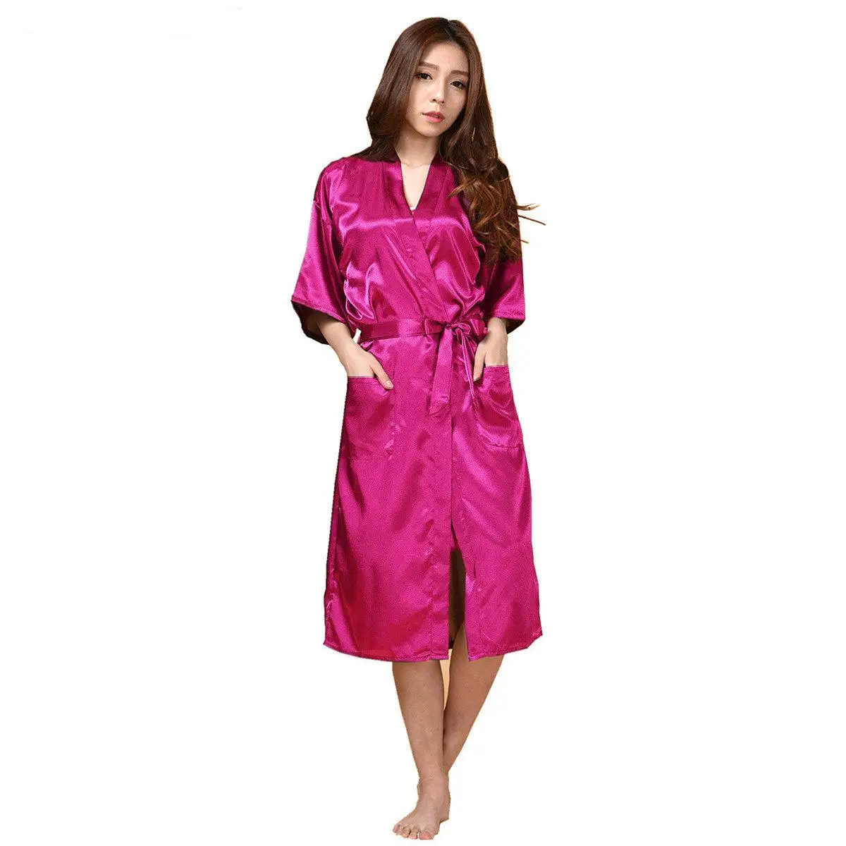 Белый китайский женский халат кимоно из искусственного шелка банный халат ночная рубашка Повседневная Весенняя Пижама Hombre Pijama Размер S-XXXL - Цвет: Hot Pink