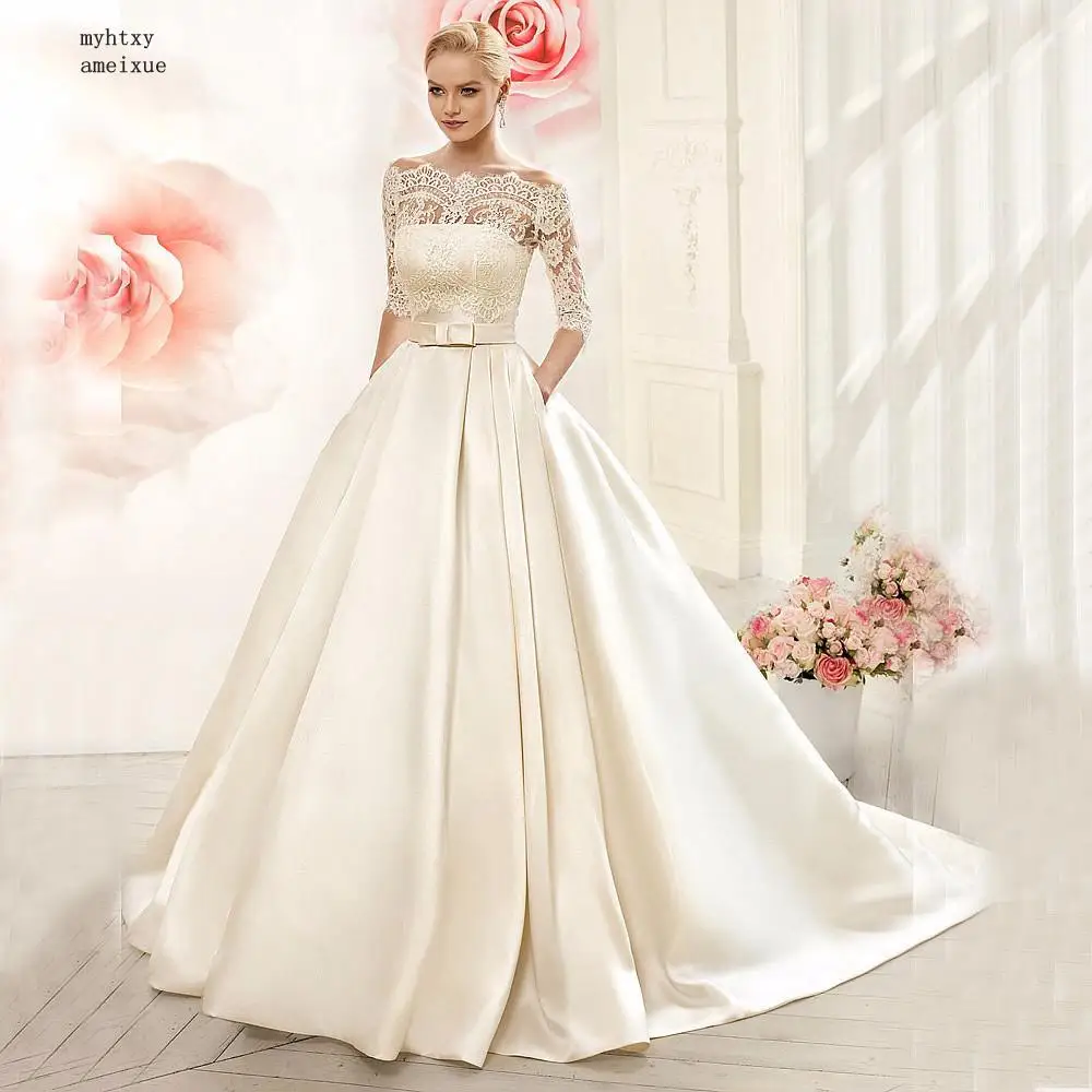 

Lace Wedding Dresses 2019 Satin With Jacket See Though Half Sleeves Bridal Wedding Dress Robe De Mariage Beach Robe De Bal