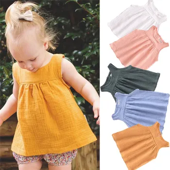 

Wholesale Sleeveless Summer Girls Blouses Vest Tops Linen Casual Baby Girls Solid Shirts for Children Kids Clothing Shirts Dress