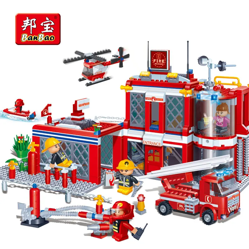 

BanBao Fire Station Firefighters Truck Copter Boat Blocks Educational Bricks Model Building Toy For Children Kids Friend 8311
