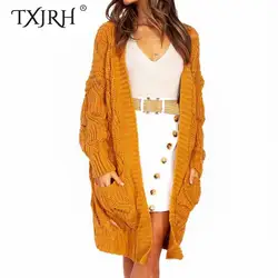 TXJRH уличный кардиган с длинными рукавами и v-образным вырезом, свитер, плотный трикотажный джемпер, два кармана, kleding jerseis mujer femme, 2 цвета