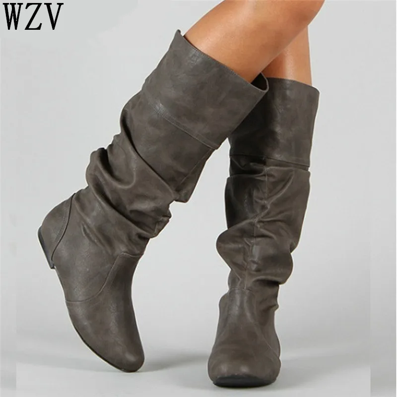 Fashion women casual Mid-Calf boots shoes PU Leather Female Winter Warm Round Toe Slip-On flat Snow Boots mujer W433 | Обувь