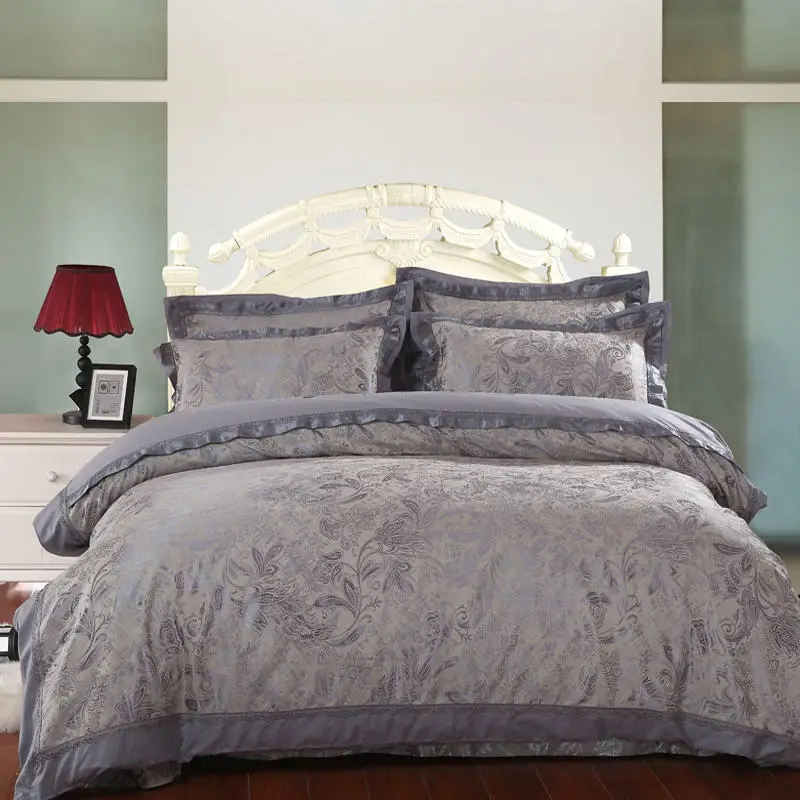 Waliicorners Comfy Bedding Froral Jacquard Satin and cotton King Queen size 4-pieces Bedding Set Luxury, Gray Golden Bedsheet/Fitted shet set 29 101