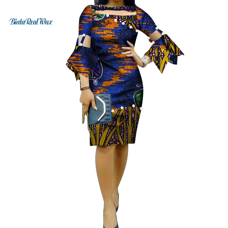 Летние африканские платья с принтом для женщин, из пряжи, с жемчугом, в стиле пэчворк, с расклешенными рукавами, вечерние платья Bazin Riche, африканская женская одежда WY076
